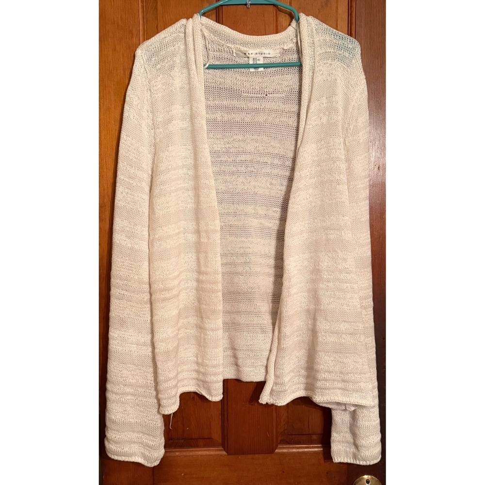Max Studio White Open Front Cardigan Textured Knit Sweater XL